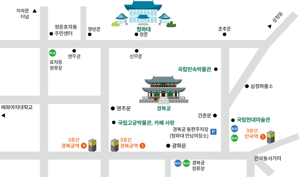 청와대 찾아오시는 길 지도 이미지입니다. 찾아오시는 방법은 아래 내용을 참조해주세요. 지도 내 표시된 장소에 대한 정보는 다음과 같습니다.